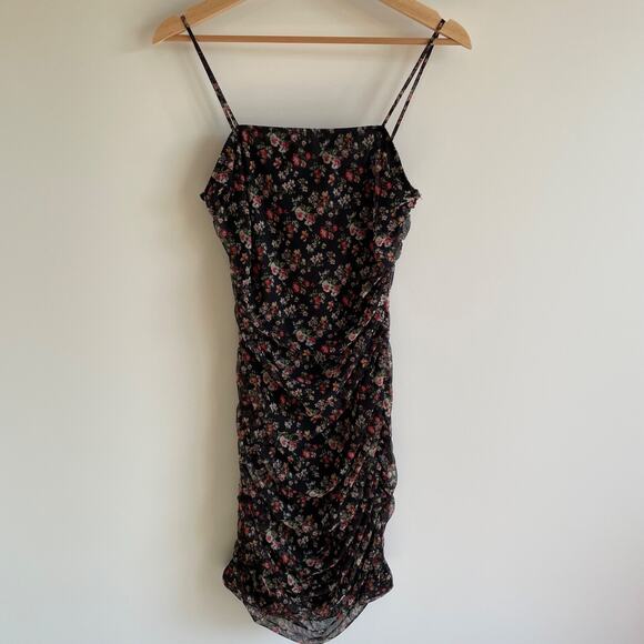 Dainty Floral Chiffon Lace Ruched Mini Dress Size L Black Fairy Whimsy Goth Y2k - Picture 6 of 11